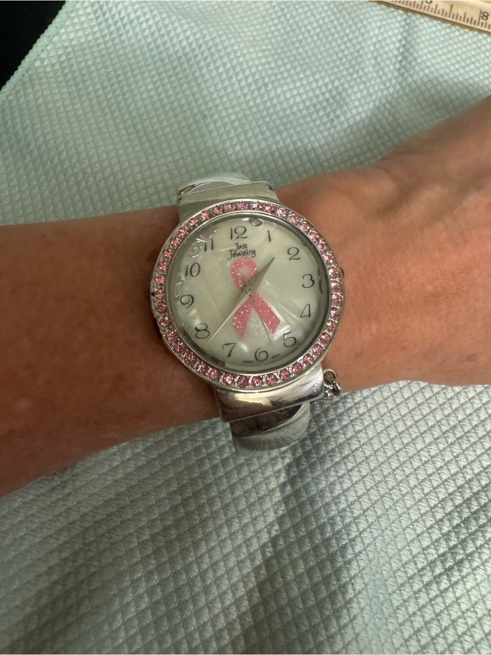 Silver Women’s Watch with Pink BC Ribbon Accent and Crystal Bezel
